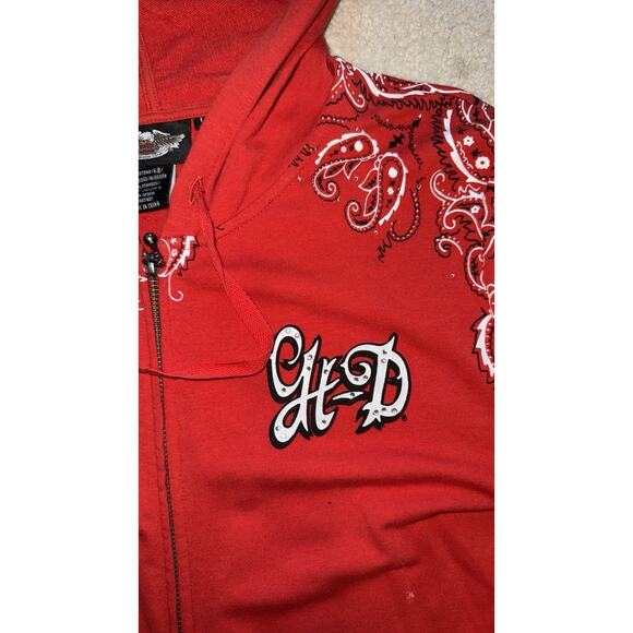 Vintage Harley-Davidson Women’s L Red Zip Graphic BandanaHoodie With Rhinestone - Picture 3 of 9